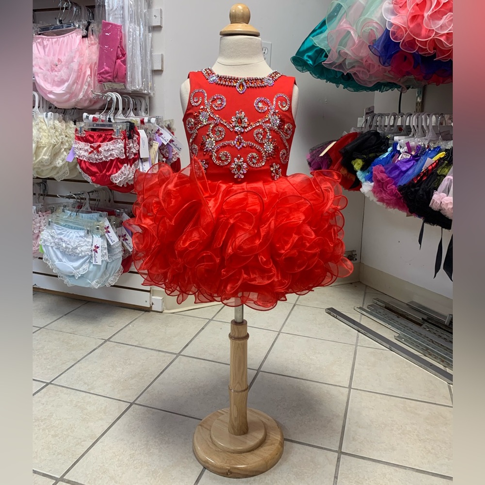 Childs 4 Red Beaded Keyhole Back Cupcake Pageant Dress with Matching Bow NWT